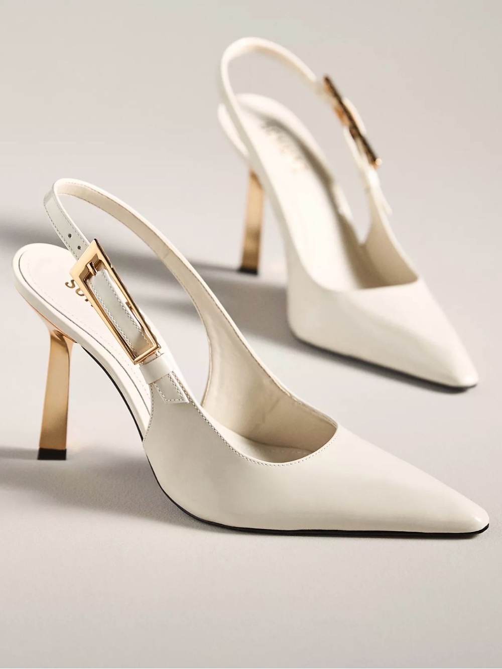 SCHUTZ Cream Pointed Slingback Heels with Gold Buckle & Gold Heel